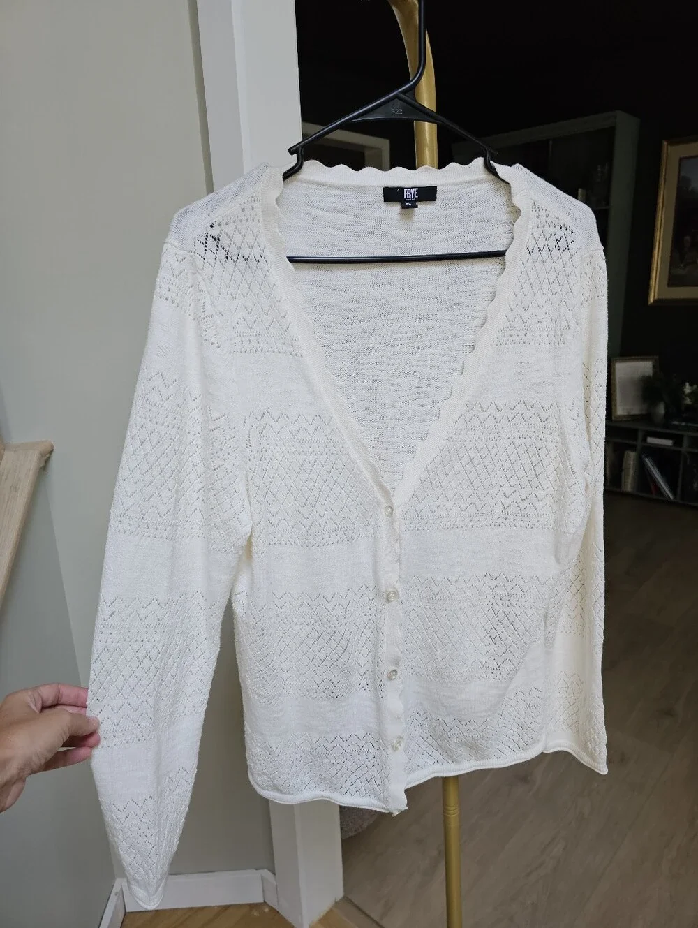Frye Ivory Pointelle Cotton Cardigan Sweater Scalloped Hem Button Up XL